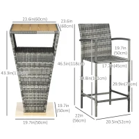 Outsunny 3 Pieces Patio Bar Set, Wicker Bistro Set, PE Rattan Bar Table and Chairs with Soft Padded Cushions, Storage Shelf, Wood Grain Plastic Top, Mixed Gray(m-3)