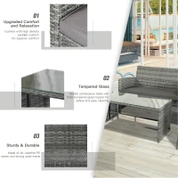 Outsunny 4 Piece Patio Furniture Set with Cushions, Outdoor PE Rattan Wicker Conversation Sofa Set with Glass Top Coffee Table and Loveseat, for Garden, Balcony, Dark Grey(m-5)