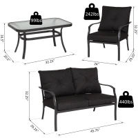 Outsunny 4pc Garden Conversation Set Outdoor Sofa Set Metal Frame w/ Foam Cushions Loveseat 2 Arm Chairs and Glass Top Tea Table Black(m-3)