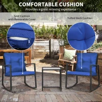 Outsunny 3 Pieces Rocking Bistro Set, Outdoor Wicker Patio Furniture with Glass Coffee Table and Outside Rocking Chairs for Porch, Conversation Sets with Thick Cushions, Blue(m-6)