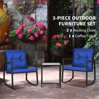 Outsunny 3 Pieces Rocking Bistro Set, Outdoor Wicker Patio Furniture with Glass Coffee Table and Outside Rocking Chairs for Porch, Conversation Sets with Thick Cushions, Blue(m-4)