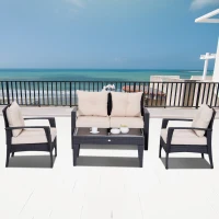 Outsunny 4pc Rattan Wicker Sofa Set Outdoor Coffee Table and Patio Seat Chair with Cushion, Brownish grey and Beige(m-8)