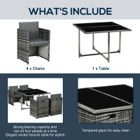 Outsunny 5 Pieces Wicker Patio Dining Set Outdoor Furniture Set with Removable Cushions, Glass Top Dining Table, PE Rattan Conversation Set for Garden Poolside Backyard, Grey(m-5)