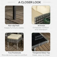 Outsunny 6 Pieces Wicker Patio Dining Set Outdoor Furniture Set with Removable Cushions, Glass Top Dining Table, 2 Ottomans, PE Rattan Conversation Set for Garden Poolside, Khaki(m-6)