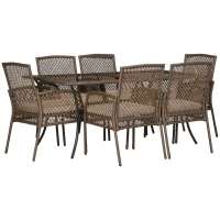 Outsunny 7 Pieces Wicker Patio Dining Set Outdoor Furniture Set with Removable Cushions, Glass Top Dining Table, PE Rattan Conversation Set for Garden Poolside Backyard, Beige(m-2)