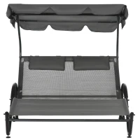 Outsunny Outdoor Patio Chaise Lounge Chair, Patio Sun Lounger w/ Sunshade Roof, for Two People with Wheels and Breathable Sling Mesh Bed, Pillows, Dark Gray(m-9)