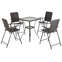 Outsunny Patio 5 PCS Rattan Wicker Bar Chairs Set Foldable Portable Outdoor & Indoor UV Resistant Barstools Garden Furniture Set w/ Glass Table Brown(m-2)