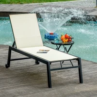 Outsunny Outdoor Lounge Chair, Patio Lounger with 5-Position Reclining Backrest and 2 Wheels for Poolside, Beach, Lawn, Cream White(m-1)