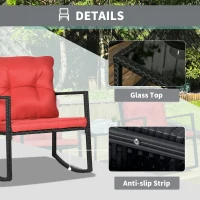Outsunny 3 Pieces Rocking Bistro Set, Outdoor Wicker Patio Furniture with Glass Coffee Table and Outside Rocking Chairs for Porch, Conversation Sets with Thick Cushions, Red(m-7)