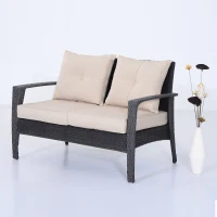 Outsunny 4pc Rattan Wicker Sofa Set Outdoor Coffee Table and Patio Seat Chair with Cushion, Brownish grey and Beige(m-9)