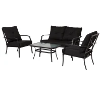 Outsunny 4pc Garden Conversation Set Outdoor Sofa Set Metal Frame w/ Foam Cushions Loveseat 2 Arm Chairs and Glass Top Tea Table Black(m-2)