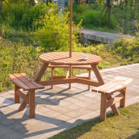 Outsunny 6 Person Round Picnic Table Bench Set with Umbrella Hole, Wood Patio Table with 3 Built-in Benches for Garden, Deck, Backyard, Brown