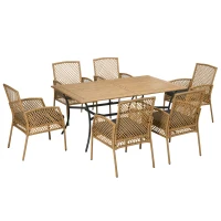 Outsunny 7 Pieces Outdoor Dining Set for 6, Wicker Rattan Patio Furniture Set, Patio Table and Chairs Set with Cushions, Plastic Wood Table Top, Conversation Set for Garden, Backyard, Deck, Tan(m-1)