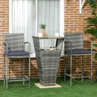 Outsunny 3 Pieces Patio Bar Set, Wicker Bistro Set, PE Rattan Bar Table and Chairs with Soft Padded Cushions, Storage Shelf, Wood Grain Plastic Top, Mixed Gray(m-1)