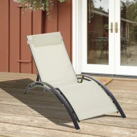 Outsunny Patio Lounge Chair, Aluminum Reclining Outdoor Tanning Chair with 5-Level Adjustable Backrest, Head Pillow and Breathable Mesh Fabric, for Pool, Deck, Garden, Beige(m-1)