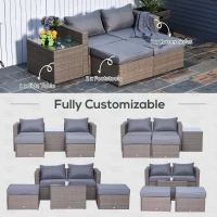 Outsunny 5 Piece Rattan Wicker Outdoor Patio Conversation Set 2 Cushioned Single Sofa Chair Foot Stool Glass End Desk Coffee Table Black(m-8)