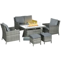 Outsunny 6 Piece Patio Furniture Set with 50,000 BTU Gas Fire Pit Table, Outdoor PE Rattan Dining Table and Chair Set, Sectional Conversation Sofa Set with Cushions, Grey(m-2)