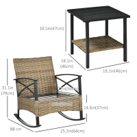 Outsunny 3 Pcs Outdoor PE Rattan Rocking Chair Set, Bistro Set with Two-tier Table, Padded Cushions for Garden, Grey(m-3)