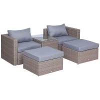 Outsunny 5 Piece Rattan Wicker Outdoor Patio Conversation Set 2 Cushioned Single Sofa Chair Foot Stool Glass End Desk Coffee Table Black(m-2)