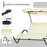 Outsunny Outdoor Patio Chaise Lounge Chair, Patio Sun Lounger w/ Sunshade Roof, for Two People with Wheels and Breathable Sling Mesh Bed, Pillows, Beige(m-6)