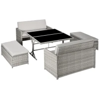 Outsunny 5 Pieces Wicker Patio Dining Set Outdoor Furniture Set with Removable Cushions, Glass Top Dining Table, Loveseats and Ottomans, Rattan Conversation Set for Garden, Grey(m-2)