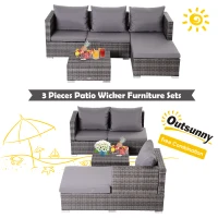 Outsunny 3 Pieces Adjustable Seat Rattan Wicker Sofa Steel Frame Furniture Set Sleeping Couch Bed Lounge w/ Storage Function Coffee Table, Grey(m-7)
