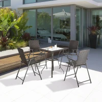 Outsunny Patio 5 PCS Rattan Wicker Bar Chairs Set Foldable Portable Outdoor & Indoor UV Resistant Barstools Garden Furniture Set w/ Glass Table Brown(m-1)