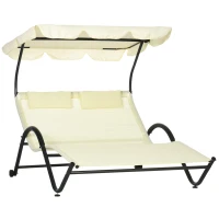 Outsunny Outdoor Patio Chaise Lounge Chair, Patio Sun Lounger w/ Sunshade Roof, for Two People with Wheels and Breathable Sling Mesh Bed, Pillows, Beige(m-2)