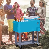 Outsunny 80 Quart Rolling Cooler Cart Portable Patio Ice Beer Beverage Cooling Bin with Bottle Opener, Catch Tray and Drain Plug Light Blue(m-1)