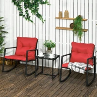 Outsunny 3 Pieces Rocking Bistro Set, Outdoor Wicker Patio Furniture with Glass Coffee Table and Outside Rocking Chairs for Porch, Conversation Sets with Thick Cushions, Red(m-1)