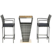 Outsunny 3 Pieces Patio Bar Set, Wicker Bistro Set, PE Rattan Bar Table and Chairs with Soft Padded Cushions, Storage Shelf, Wood Grain Plastic Top, Mixed Gray(m-2)