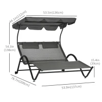 Outsunny Outdoor Patio Chaise Lounge Chair, Patio Sun Lounger w/ Sunshade Roof, for Two People with Wheels and Breathable Sling Mesh Bed, Pillows, Dark Gray(m-3)