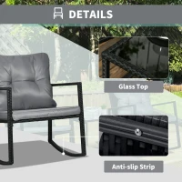 Outsunny 3 Pieces Rocking Bistro Set, Outdoor Wicker Patio Furniture with Glass Coffee Table and Outside Rocking Chairs for Porch, Lawn, Conversation Sets with Thick Cushions, Gray(m-7)