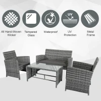 Outsunny 4 Piece Patio Furniture Set with Cushions, Outdoor PE Rattan Wicker Conversation Sofa Set with Glass Top Coffee Table and Loveseat, for Garden, Balcony, Dark Grey(m-4)