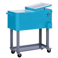 Outsunny 80 Quart Rolling Cooler Cart Portable Patio Ice Beer Beverage Cooling Bin with Bottle Opener, Catch Tray and Drain Plug Light Blue(m-2)