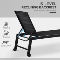 Outsunny Outdoor Lounge Chair, Patio Lounger with 5-Position Reclining Backrest and 2 Wheels for Poolside, Beach, Lawn, Black(m-5)