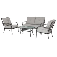 Outsunny 4pc Garden Conversation Set Outdoor Sofa Set Metal Frame w/ Foam Cushions Loveseat 2 Arm Chairs and Glass Top Tea Table Grey(m-6)