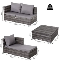 Outsunny 3 Pieces Adjustable Seat Rattan Wicker Sofa Steel Frame Furniture Set Sleeping Couch Bed Lounge w/ Storage Function Coffee Table, Grey(m-3)