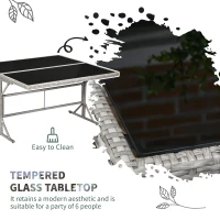 Outsunny 5 Pieces Wicker Patio Dining Set Outdoor Furniture Set with Removable Cushions, Glass Top Dining Table, Loveseats and Ottomans, Rattan Conversation Set for Garden, Grey(m-5)