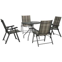 Outsunny 5 Pieces Wicker Patio Dining Set Outdoor Furniture Set, Glass Top Dining Table with Umbrella Hole, 4 Folding Armchairs, PE Rattan Conversation Set for Garden, Mixed Grey(m-2)