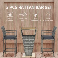 Outsunny 3 Pieces Patio Bar Set, Wicker Bistro Set, PE Rattan Bar Table and Chairs with Soft Padded Cushions, Storage Shelf, Wood Grain Plastic Top, Mixed Gray(m-4)