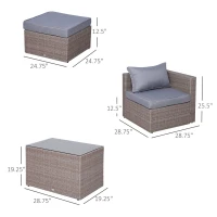 Outsunny 5 Piece Rattan Wicker Outdoor Patio Conversation Set 2 Cushioned Single Sofa Chair Foot Stool Glass End Desk Coffee Table Black(m-3)