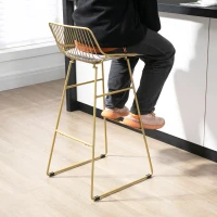 HOMCOM Modern Bar Stools Set of 2, Metal Wire Bar Height Barstools, 30 Inch Bar Chairs for Kitchen with Removable Cushion, Back and Footrest, Gold(m-7)