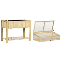 Outsunny Raised Garden Bed, Outdoor Wooden & PVC Elevated Planter Box with Cold Frame Greenhouse and Storage Shelf, Natural(m-9)
