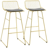 HOMCOM Modern Bar Stools Set of 2, Metal Wire Bar Height Barstools, 30 Inch Bar Chairs for Kitchen with Removable Cushion, Back and Footrest, Gold(m-1)