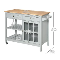 HOMCOM Kitchen Cart on Wheels, Utility Storage Island with Rubber Wood Top, Towel Rack, Cabinets, Drawers, Gray(m-3)