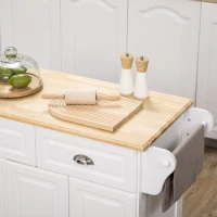 HOMCOM Kitchen Island with Storage Rolling Kitchen Serving Cart with Rubber Wood Top Towel Rack Storage Drawer Cabinet, White(m-7)