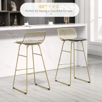 HOMCOM Modern Bar Stools Set of 2, Metal Wire Bar Height Barstools, 30 Inch Bar Chairs for Kitchen with Removable Cushion, Back and Footrest, Gold(m-4)