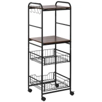 HOMCOM 4 Tier Rolling Kitchen Cart, Utility and Industrial Storage Cart with 2 Basket Drawers, Side Hooks for Dining Room, Walnut(m-2)