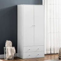 HOMCOM Modern Wardrobe Closet Armoire with 2 Drawers and Hanging Rod, Clothes Storage Organizer with Anti-tipping Design for Bedroom, White(m-7)